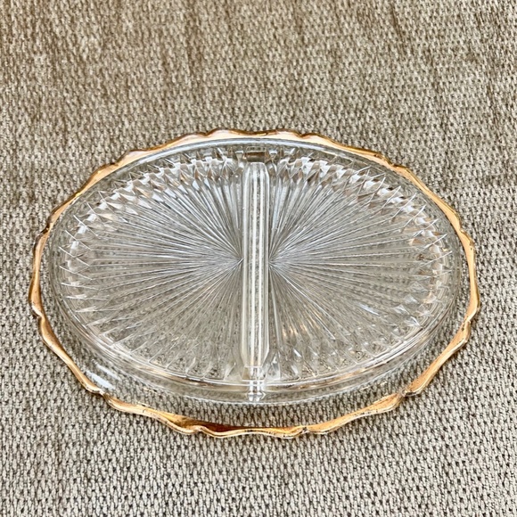 Vintage Jeannette Glass Oval Divided Relish Tray Gold Rimmed - Picture 3 of 4
